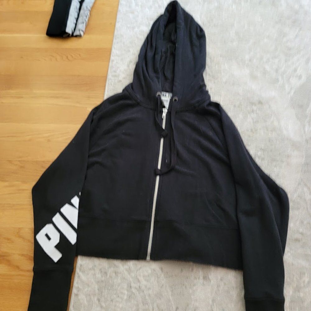 Pink Victoria's Secret Women's Black white Logo Full Zip Cropped Hoodie Size XS